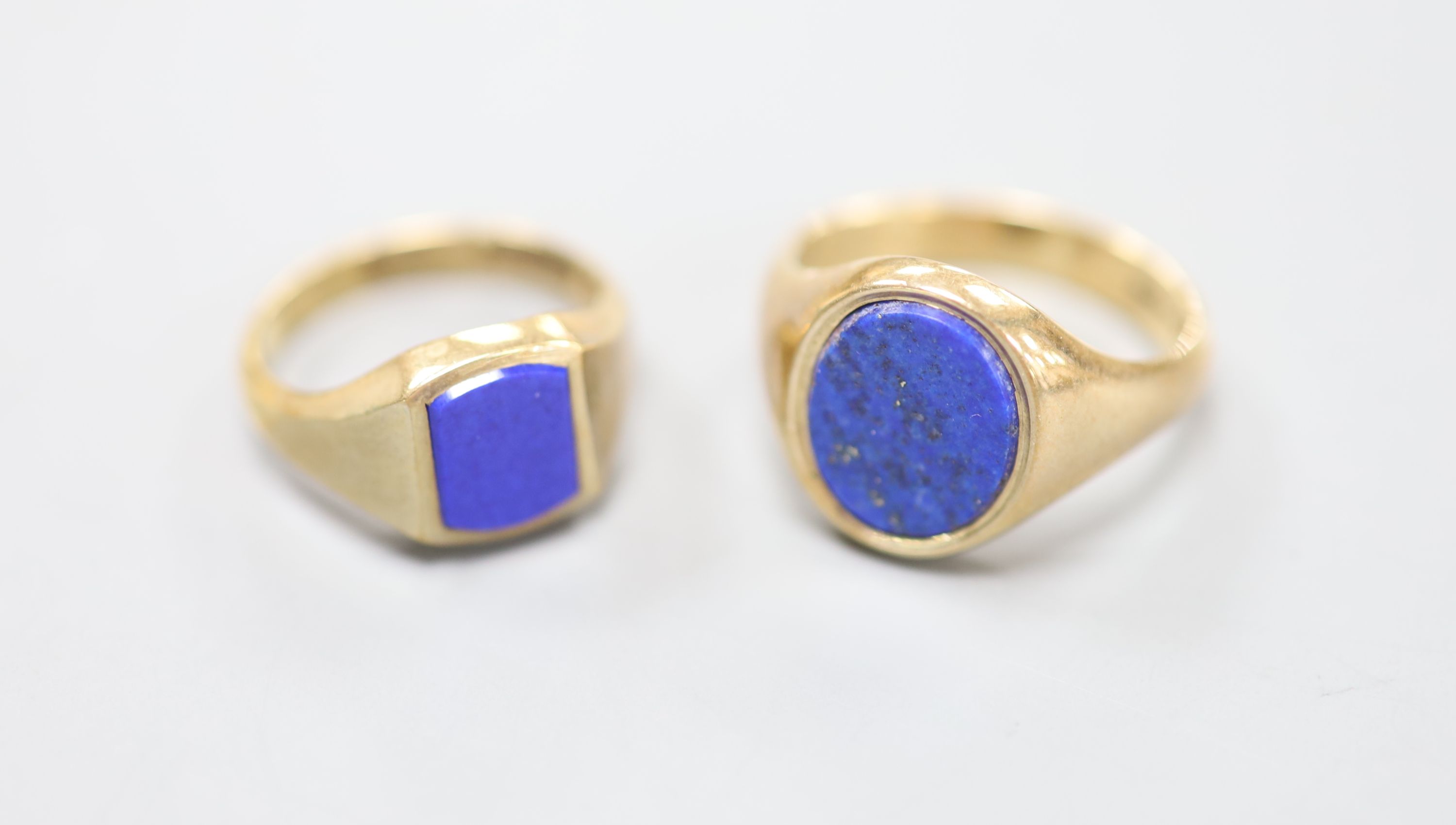 Two modern 9ct gold and lapis lazuli set signet rings, sizes J/K & O/P